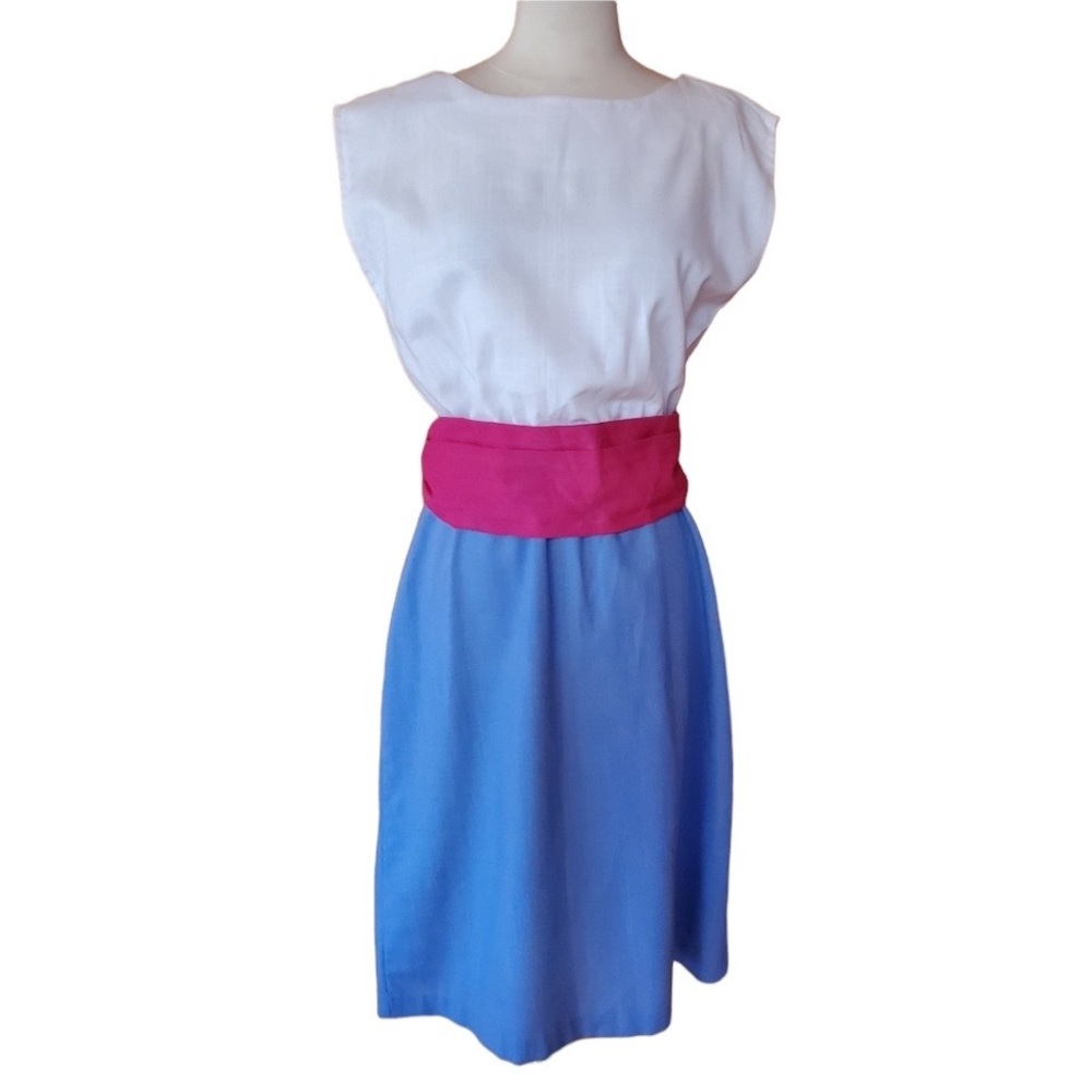 1980s Unlabeled Pink, Blue & White Dress